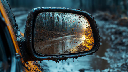 Reflecting on a muddy trail during sunset with rain-soaked side mirror and trees in the background. Generative AIの素材