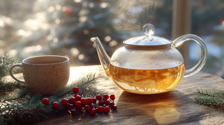 Cozy winter afternoon with steaming tea and festive decorations on a sunny windowsillの素材