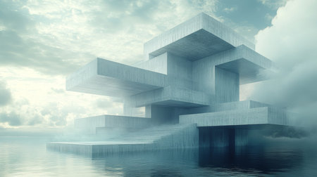 A striking modern architectural structure emerges through fog over calm waters, merging nature and design in a tranquil setting. Generative AIの素材