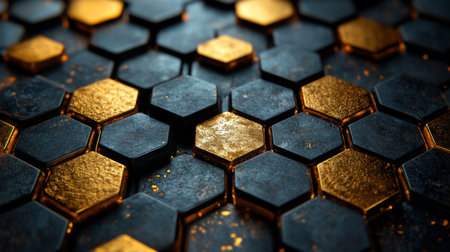 Close-up view of a textured hexagonal pattern showcasing metallic gold and dark elements in a striking geometric arrangement. Generative AIの素材