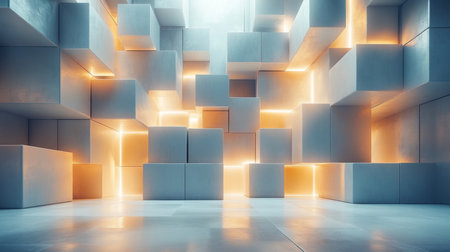 Illuminated geometric structures create a dynamic environment in a modern architectural space with soft lighting effects. Generative AIの素材