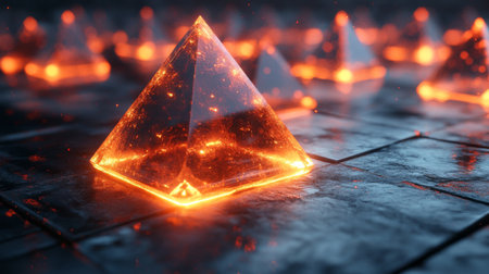 Glowing pyramids illuminated by lava on a dark surface, creating a mesmerizing atmosphere in a mystical landscape. Generative AIの素材