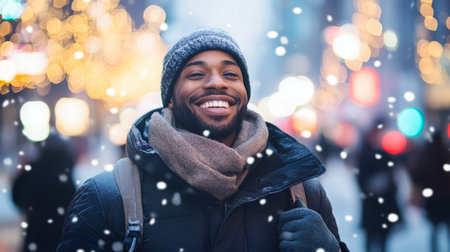 A man smiles in the snow on a cold winter nightの素材