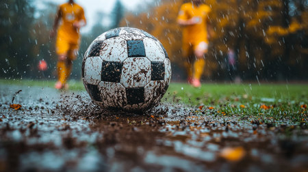 Soccer players training during heavy rain on a muddy field while a soccer ball splashes in puddles in the foreground. Generative AIの素材