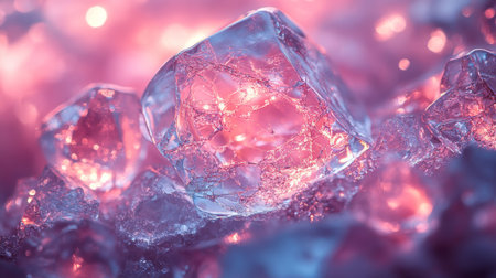 Brightly lit ice crystals glimmering with pink hues in close-up, creating a magical atmosphere in a winter setting at dusk. Generative AIの素材