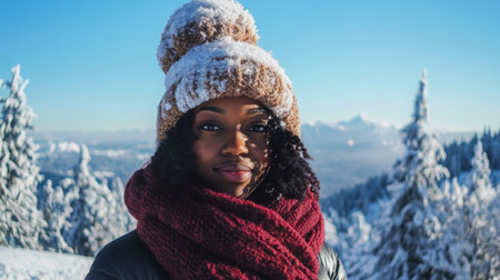 Beautiful woman enjoying a snowy day in a mountainous landscape under clear blue skiesの素材