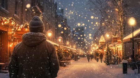 A winter evening stroll through a festive, snow-covered street in the heart of the cityの素材