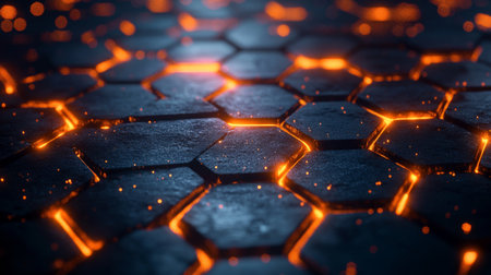 Illuminated hexagonal pattern with glowing edges creating a striking visual effect in a dark environment. Generative AIの素材