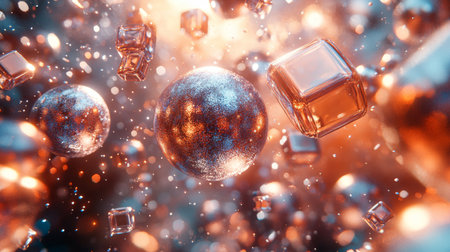 Floating crystalline spheres and cubes illuminated in dynamic colors against a blurred background in a captivating abstract setting. Generative AIの素材