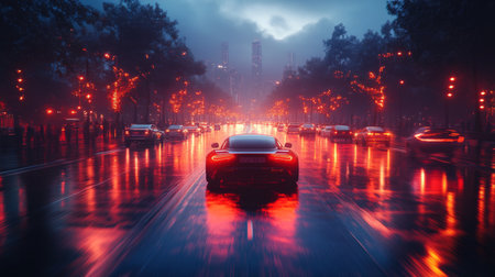 Sleek sports car drives down a city street at night, reflecting vibrant orange lights on wet pavement in a bustling urban environment. Generative AIの素材