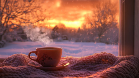 A warm cup of coffee on a cozy blanket with a stunning sunset view during winterの素材