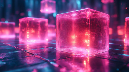 Futuristic glowing cubes in vibrant colors reflecting light on a dark surface, creating a digital landscape at night. Generative AIの素材