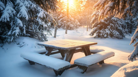 Snow-covered picnic table surrounded by pine trees at sunset in a serene winter landscapeの素材