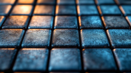 Close-up view of textured blue and gray tiles illuminated by soft lighting in a modern indoor space. Generative AIの素材