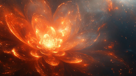 A vibrant cosmic flower emerges from the depths of space, glowing brightly amidst a backdrop of stars and cosmic dust. Generative AIの素材