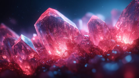 Beautiful red crystals sparkling under a soft blue light, showcasing intricate structures and vivid colors in a close-up view. Generative AIの素材