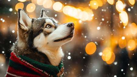 A husky wearing festive scarf enjoys snowy evening at holiday market with twinkling lightsの素材