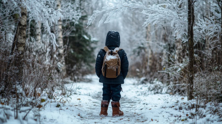 A child in winter attire stands on a snowy path surrounded by frosty trees during daytimeの素材