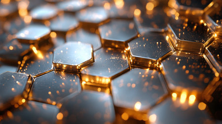 Shimmering gold hexagonal patterns reflect light, creating a dynamic visual texture in a captivating close-up view. Generative AIの素材
