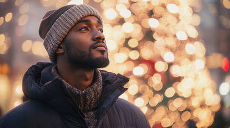 A man in a winter hat looks up at Christmas lightsの素材