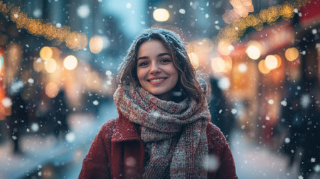 Woman smiling in winter attire amidst falling snowflakes in a festive downtown settingの素材