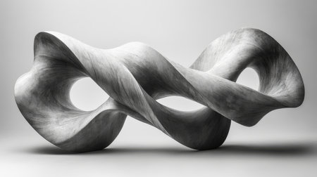 Abstract stone sculpture showcasing a fluid, twisting form in a minimalist gray environment, highlighting artistic craftsmanship. Generative AIの素材