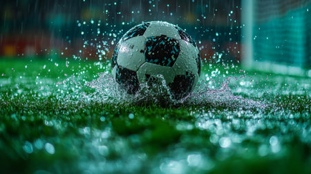 A soccer ball splashes through puddles on a rain-soaked field during a night match under bright stadium lights. Generative AIの素材