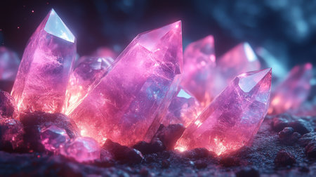 A cluster of vibrant pink crystals glimmering in the dim light of a mystical cave setting. Generative AIの素材