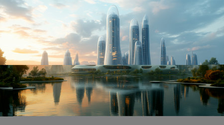 Futuristic city skyline at sunset with reflective waters and distinct architectural designs in a serene landscape. Generative AIの素材