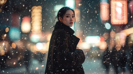 A young woman in winter attire stands amidst falling snow in a vibrant city at nightの素材