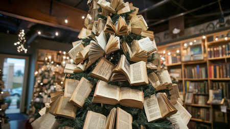 A creative Christmas tree adorned with open books in a cozy bookstore during the holidayの素材
