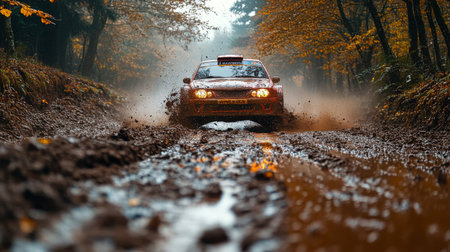 A red rally car splashes through muddy terrain in a dense forest during an autumn race while rain falls. Generative AIの素材