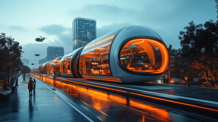 Futuristic transportation hub with glowing pods and sleek design at dusk in a modern urban environment. Generative AIの素材