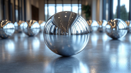 Reflective metallic spheres arranged on a polished floor in a spacious and bright contemporary interior with natural light. Generative AIの素材