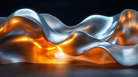 Abstract metallic sculpture with flowing curves and warm lighting set against a dark background. Generative AIの素材