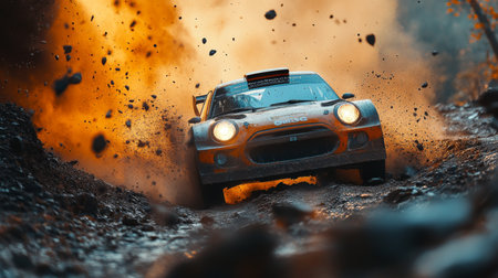 Dynamic rally car navigating a dirt track amidst flying debris and dust in a forest during an exciting race. Generative AIの素材