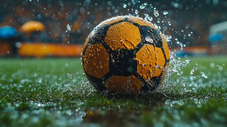 A soccer ball splashes into puddles on a rain-soaked field during an evening match, with spectators under umbrellas in the background. Generative AIの素材