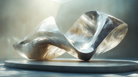 Abstract sculpture shines in a bright gallery, highlighting its fluid design and reflective surfaces. Created with generative AIの素材