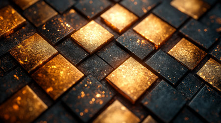 Textured black and gold tiles create a striking pattern in a modern interior design setting. Generative AIの素材