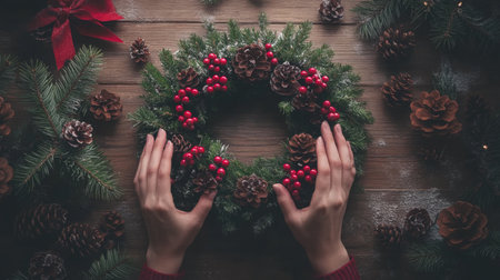 Crafting a festive wreath with pinecones and berries on a wooden table during the holidaysの素材