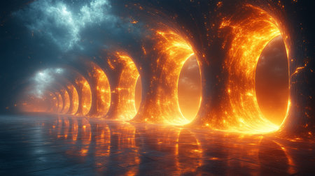 Ethereal landscape featuring fiery portals against a stormy sky in a surreal setting. Generative AIの素材