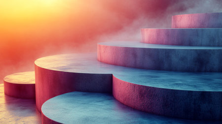 Circular stone steps illuminated by a vibrant sunset surrounded by mist in a serene outdoor setting. Generative AIの素材