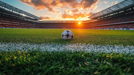 Soccer ball on the grass field at sunset inside a stadium filled with spectators in the evening light. Generative AIの素材