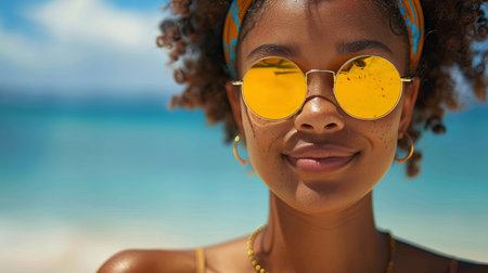 Woman Wearing Yellow Sunglasses on Beachの素材