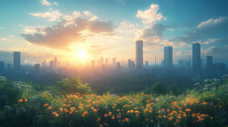 Sunset view over a vibrant city skyline with blooming flowers, showcasing natures beauty amidst urban architecture. Generative AIの素材