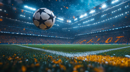 A soccer ball flies through the air in a vibrant stadium filled with cheering fansの素材
