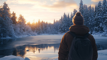A solitary hiker admires the winter sunset by frozen lake surrounded by snow-covered treesの素材