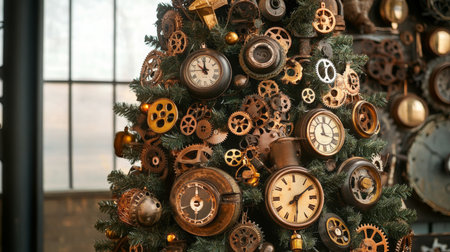 Steampunk Christmas tree with vintage clocks and gears in a cozy settingの素材