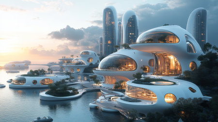 Futuristic architecture along a serene waterfront at twilight featuring unique organic shapes and soft ambient lighting. Generative AIの素材