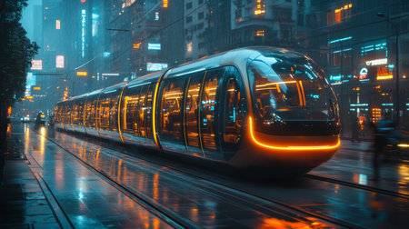 Futuristic tram gliding along illuminated city streets during a rainy evening in a bustling urban area. Generative AIの素材